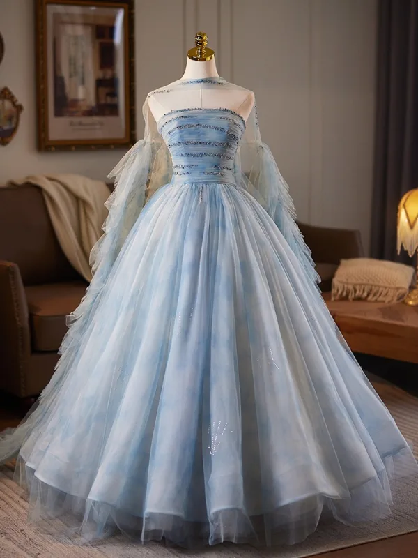 Schöne Himmelblau Pailletten Ballkleider 2025 Ballkleid Bandeau Ärmellos Rückenfreies Lange Ball Festliche Kleider