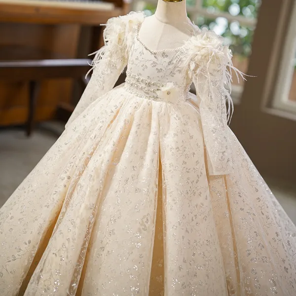 Élégant Ivoire Perle Paillettes Gland Anniversaire Robe Ceremonie Fille 2025 Robe Boule Encolure Carrée Manches Longues Dos Nu Train De Balayage