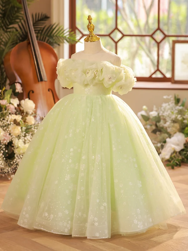 Chic / Beautiful Sage Green Sequins Birthday Flower Girl Dresses 2023 Ball Gown Ruffle Off-The-Shoulder Short Sleeve Backless Floor-Length / Long