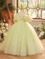 Chic / Beautiful Sage Green Sequins Birthday Flower Girl Dresses 2023 Ball Gown Ruffle Off-The-Shoulder Short Sleeve Backless Floor-Length / Long