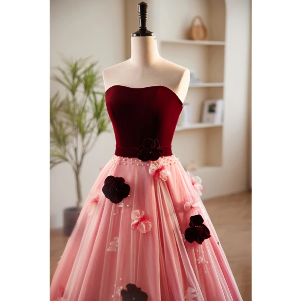 Chic / Beautiful Burgundy Pearl Appliques Prom Dresses 2023 A-Line / Princess Strapless Short Sleeve Backless Floor-Length / Long Prom Formal Dresses