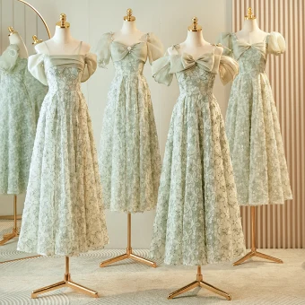 Chic Beautiful Sage Green Appliques Bridesmaid Dresses 2023 A Line Princess Bow Short Sleeve Backless Floor Length Long Bridesmaid Dresses