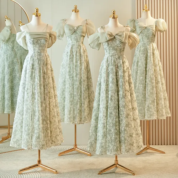 Chic / Beautiful Sage Green Appliques Bridesmaid Dresses 2023 A-Line / Princess Bow Short Sleeve Backless Floor-Length / Long Bridesmaid Dresses