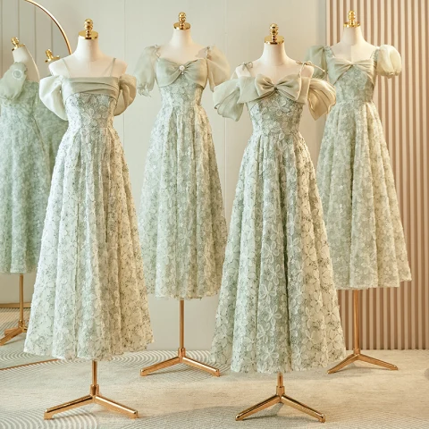Hermoso Verde Salvia Apliques Vestidos De Damas De Honor 2023 A-Line / Princess Bowknot Manga Corta Sin Espalda Largos Vestidos De Damas De Honor