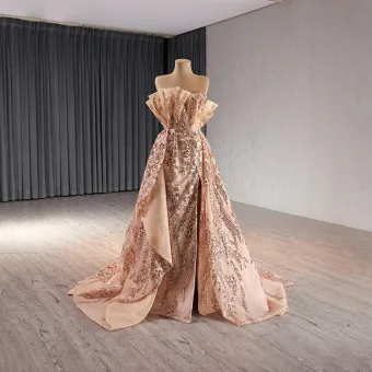 Luxury Gorgeous Sparkly Gold Beading Sequins Split Front Prom Dresses 2024 Ball Gown Strapless Sleeveless Backless Court Train Prom Formal Dresses