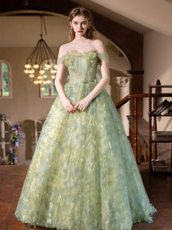 Flower Fairy Sage Green Appliques A-Line / Princess Prom Dresses 2025 Strapless Sleeveless Backless Floor-Length / Long Prom Formal Dresses