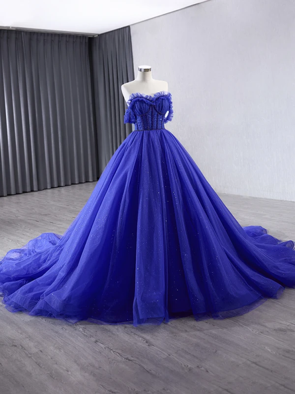 High-end Kongeblå Glitter Håndlavet Beading Rhinestone Gallakjoler 2024 Balkjole Stropløs Ærmeløs Halterneck Chapel Train Galla Kjoler