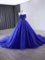 High-end Kongeblå Glitter Håndlavet Beading Rhinestone Gallakjoler 2024 Balkjole Stropløs Ærmeløs Halterneck Chapel Train Galla Kjoler