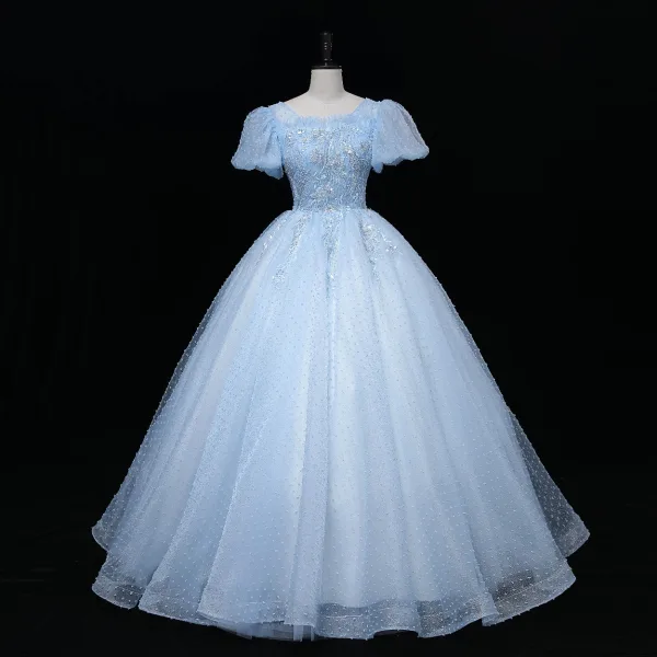 Chic / Beautiful Sky Blue Beading Pearl Sequins Lace Flower Prom Dresses 2023 Ball Gown Scoop Neck Short Sleeve Backless Floor-Length / Long Prom Formal Dresses