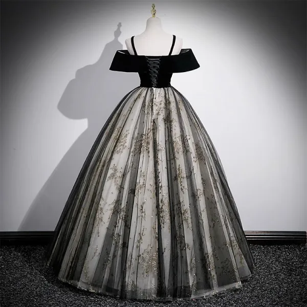 Vintage / Retro Black Glitter Sequins Prom Dresses 2023 Ball Gown Spaghetti Straps Short Sleeve Backless Floor-Length / Long Prom Formal Dresses