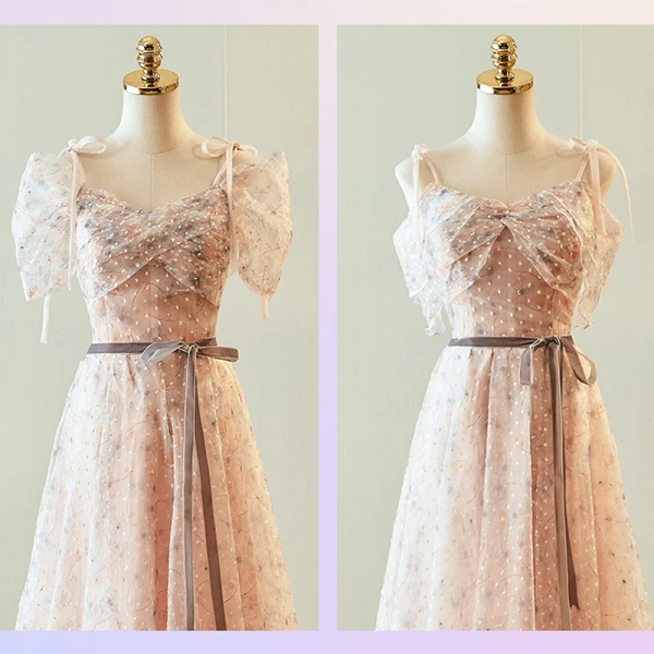 Chic / Belle Rougissant Rose Robe Demoiselle D'honneur 2023 Princesse Encolure Carrée Manches Courtes Dos Nu Noeud Ceinture Longue Robe Demoiselle D'honneur