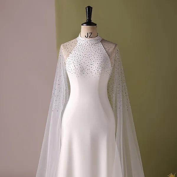 Elegant Hvide Rhinestone Gallakjoler 2024 Havfrue Høj Hals Ærmeløs Lange Galla Kjoler
