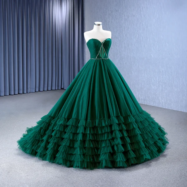 High-end Vintage / Retro Dark Green Pleated Prom Dresses 2023 Ball Gown Strapless Beading Sleeveless Backless Sweep Train Prom Formal Dresses