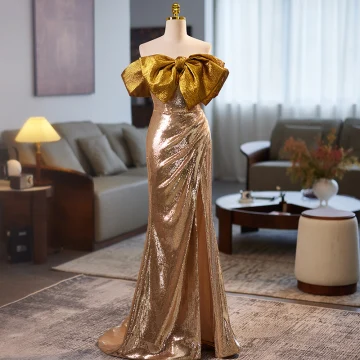 Sexy Gold Sequins Split Front Evening Dresses 2024 Trumpet Mermaid Off The Shoulder Bow Sleeveless Backless Floor Length Long Evening Party Formal Dresses