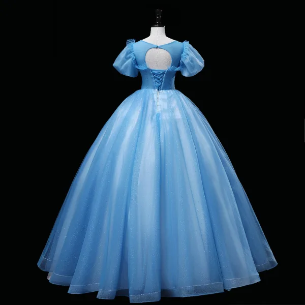 Chic / Beautiful Pool Blue Beading Pearl Rhinestone Prom Dresses 2022 Ball Gown Scoop Neck Sequins Butterfly Puffy Short Sleeve Backless Floor-Length / Long Prom