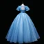 Chic / Beautiful Pool Blue Beading Pearl Rhinestone Prom Dresses 2022 Ball Gown Scoop Neck Sequins Butterfly Puffy Short Sleeve Backless Floor-Length / Long Prom