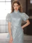 Style Chinois Scintillantes Bleu Ciel Paillettes Robe De Soirée 2023 Trompette / Sirène Col Haut Manches Courtes Train De Balayage Soirée Robe De Ceremonie