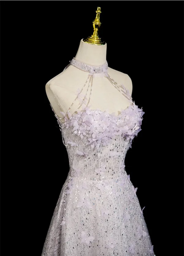 Charming Lavender Beading Appliques Sequins Prom Dresses 2025 A-Line / Princess High Neck Sleeveless Backless Floor-Length / Long Formal Dresses