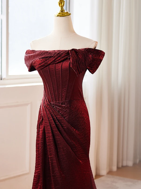 Chic / Beautiful Burgundy Backless Split Front Prom Dresses 2024 Trumpet / Mermaid Off-The-Shoulder Sleeveless Court Train Prom Formal Dresses