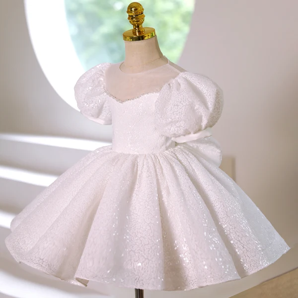 Sparkly Ivory Sequins Pearl Birthday Flower Girl Dresses 2022 Trumpet / Mermaid Scoop Neck Puffy Short Sleeve Bow Short Flower Girl Dresses