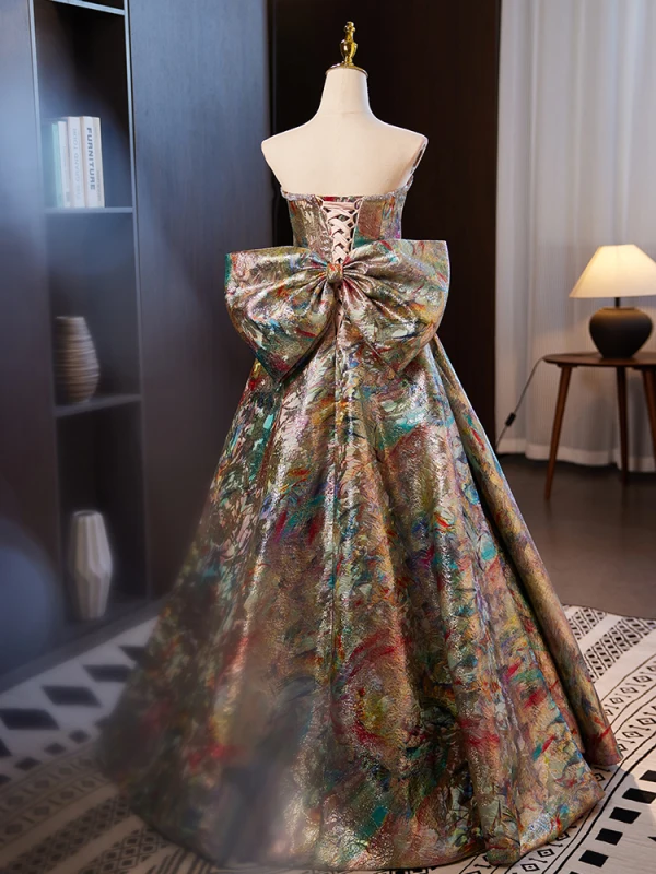 Vintage / Retro Multi-Colors Prom Dresses 2024 Ball Gown Strapless Sleeveless Backless Bow Floor-Length / Long Prom Formal Dresses