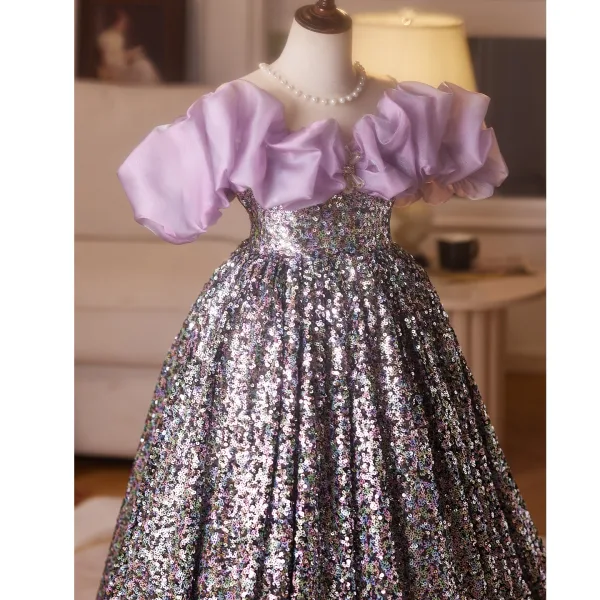 Sparkly Multi-Colors Sequins Lavender Birthday Flower Girl Dresses 2025 Ball Gown Ruffle Off-The-Shoulder Short Sleeve Backless Floor-Length / Long