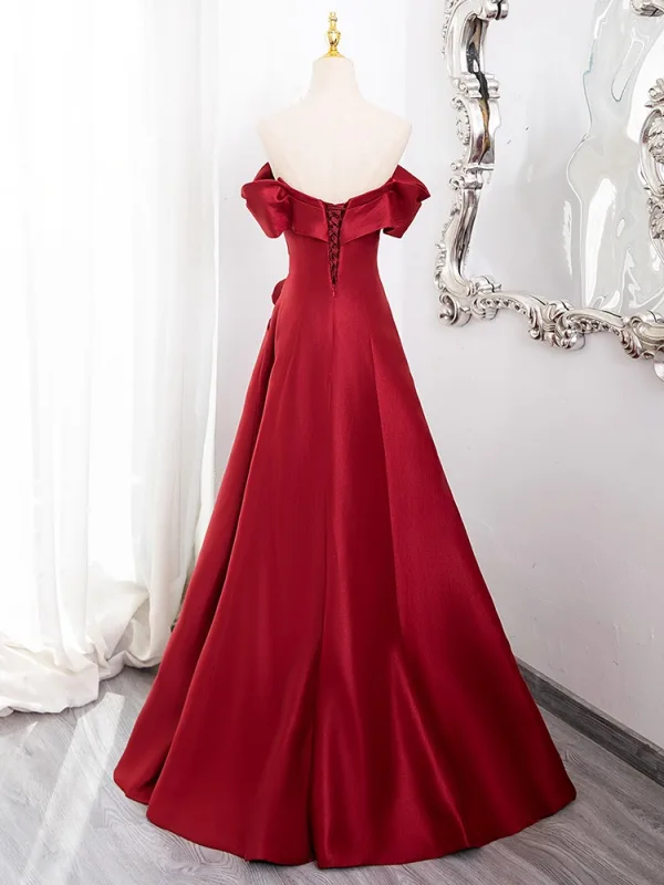 Schöne Burgunderrot Gespaltete Front Satin Ballkleider 2024 A Linie Off Shoulder Ärmellos Rückenfreies Lange Ball Festliche Kleider