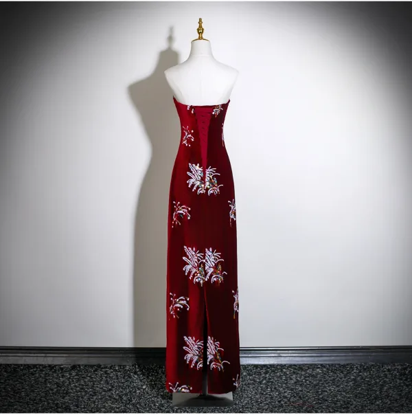 Chinese style Burgundy Sequins Velvet Evening Dresses 2025 Ball Gown High Neck Sleeveless Backless Floor-Length / Long Formal Dresses