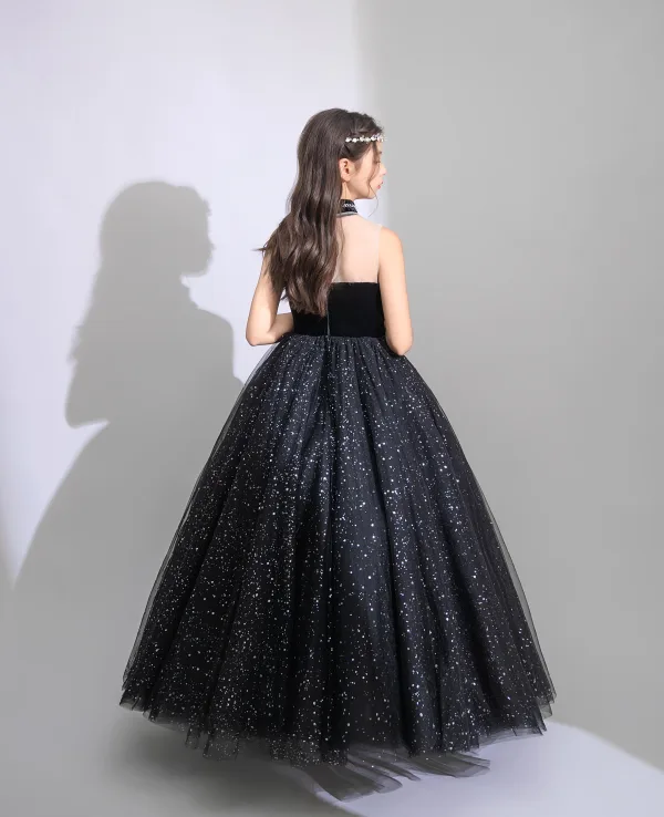 Bling Bling Schwarz Strass Pailletten Geburtstag Blumenmädchenkleider Ballkleid 2025 Rundhalsausschnitt Ärmellos Rückenfreies Lange