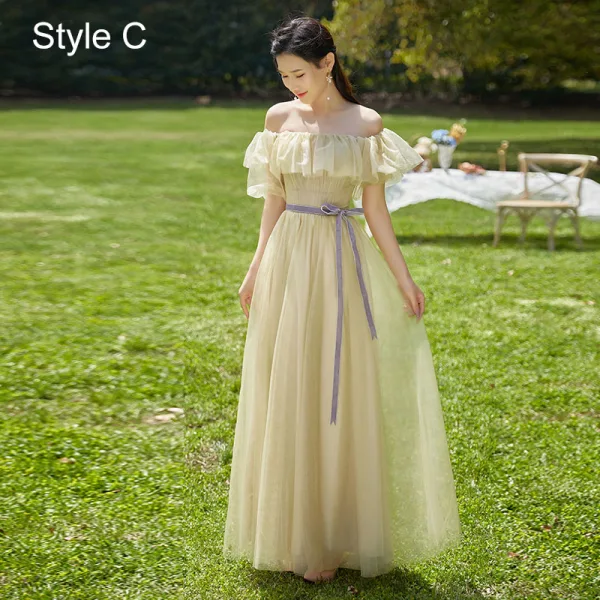 Simple Vert Cendré Robe Demoiselle D'honneur 2022 Princesse Demoiselle D'honneur De l'épaule Manches Courtes Dos Nu Noeud Ceinture Longue Robe Pour Mariage