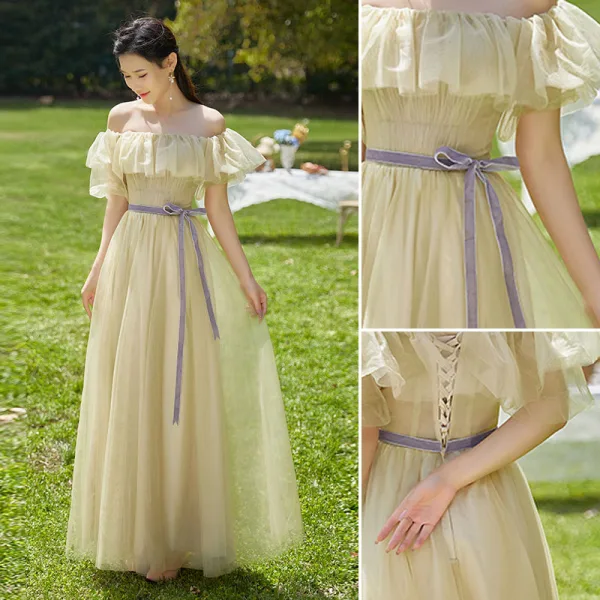 Simple Vert Cendré Robe Demoiselle D'honneur 2022 Princesse Demoiselle D'honneur De l'épaule Manches Courtes Dos Nu Noeud Ceinture Longue Robe Pour Mariage