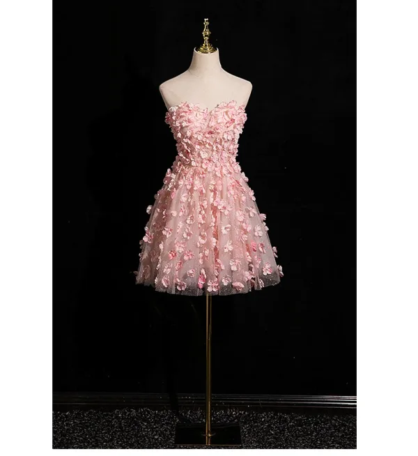 Flower Fairy Blushing Pink Appliques With Cloak Short Prom Dresses 2024 A-Line / Princess Strapless Sleeveless Backless Prom Formal Dresses