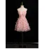Flower Fairy Blushing Pink Appliques With Cloak Short Prom Dresses 2024 A-Line / Princess Strapless Sleeveless Backless Prom Formal Dresses