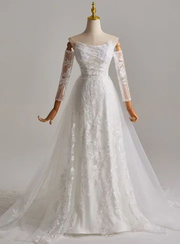 Simple Blanche En Dentelle Fleur Légère Robe De Mariée 2025 Princesse De L Épaule Manches Longues Dos Nu Train De Balayage