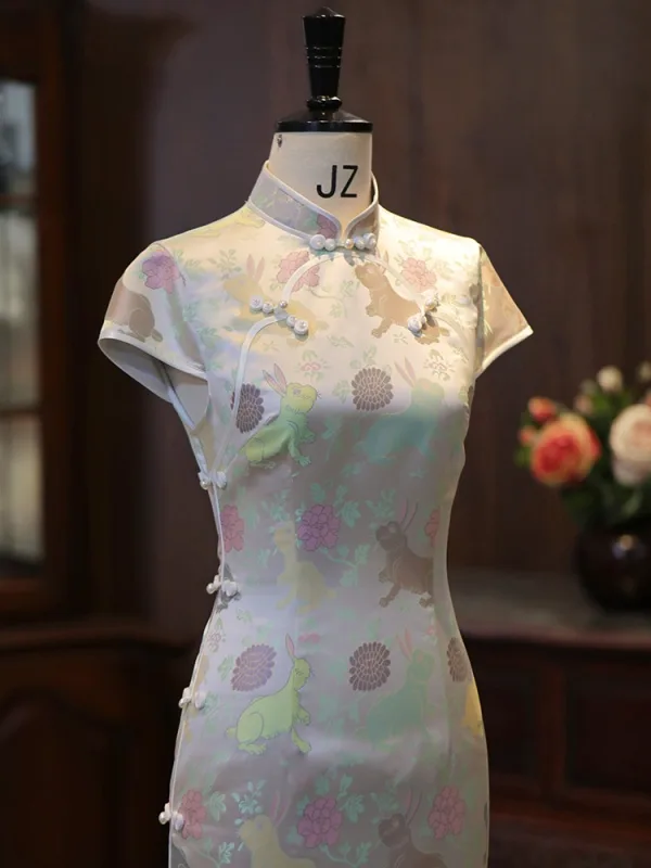 Vintage Silber Drucken Gespaltete Front Wadenlang Cheongsam 2026 Meerjungfrau Stehkragen Ärmel