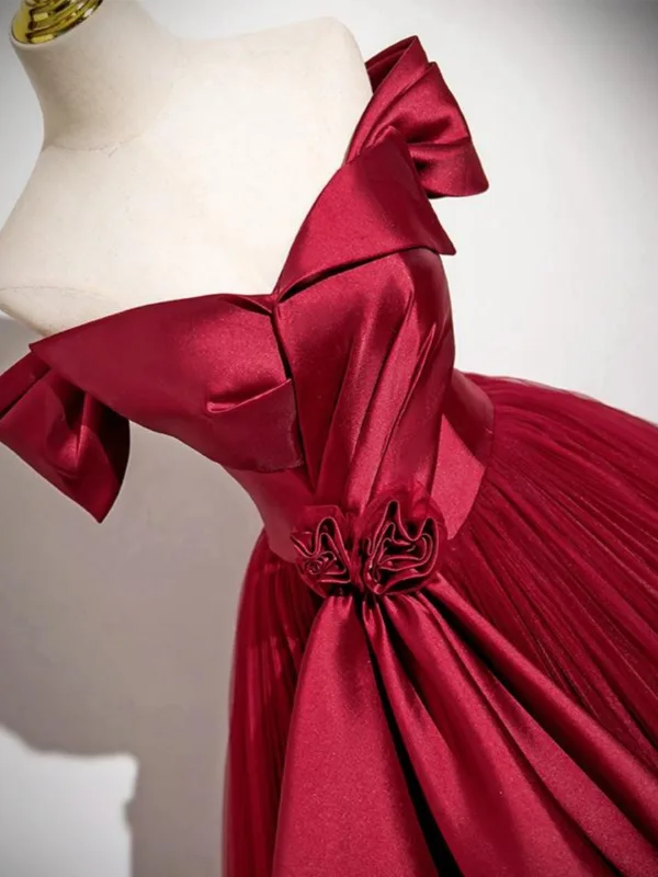 Elegant Burgundy Tulle Prom Dresses 2025 Ball Gown Off-The-Shoulder Short Sleeve Floor-Length / Long Prom Formal Dresses