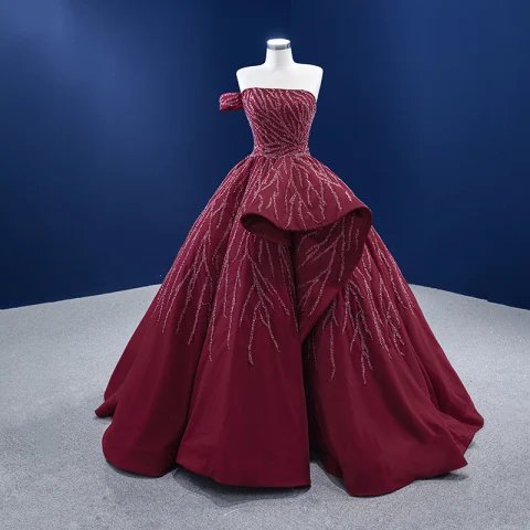 High-end Burgundy Beading Sequins Prom Dresses 2022 Ball Gown One-Shoulder Sleeveless Backless Sweep Train Formal Dresses