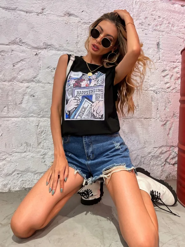 Women T-Shirts Black Cartoon Printing Tank Cotton Tee 2021 Loose Scoop Neck Summer Sleeveless Street Wear Tops