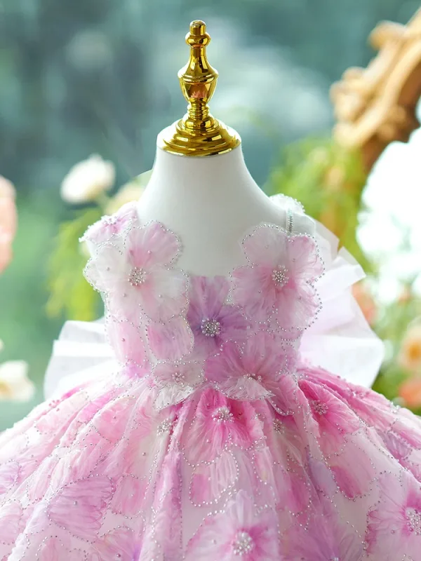 Flower Fairy Blushing Pink Beading Pearl Appliques Short Flower Girl Dresses 2024 Birthday Ball Gown Scoop Neck Sleeveless Backless Bow