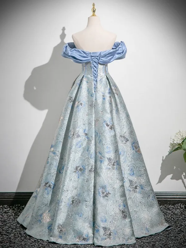 Chic / Beautiful Sky Blue Printing Prom Dresses 2025 A-Line / Princess Off-The-Shoulder Short Sleeve Backless Floor-Length / Long Formal Dresses