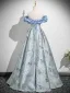 Chic / Beautiful Sky Blue Printing Prom Dresses 2025 A-Line / Princess Off-The-Shoulder Short Sleeve Backless Floor-Length / Long Formal Dresses