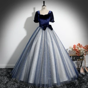 Elegant Navy Blue Star Sequins Bow Prom Dresses 2024 Ball Gown Square Neckline Short Sleeve Backless Floor Length Long Prom Formal Dresses