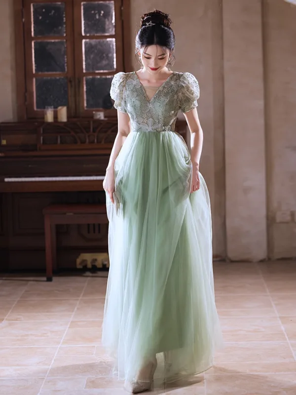 Chic / Belle Vert Cendré Fleur Robe De Bal 2025 Princesse V-Cou Manches Courtes Dos Nu Longue Promo Robe De Ceremonie