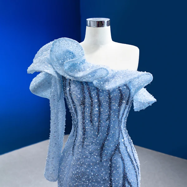 High End Charmant Himmelblau Perlenstickerei Pailletten Abendkleider 2023 Meerjungfrau One-Shoulder Lange Ärmel Rückenfreies Gespaltete Front Sweep / Pinsel Zug Abend Festliche Kleider