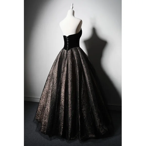 Vintage / Retro Black Glitter Prom Dresses 2023 Ball Gown Strapless Sleeveless Backless Floor-Length / Long Prom Formal Dresses