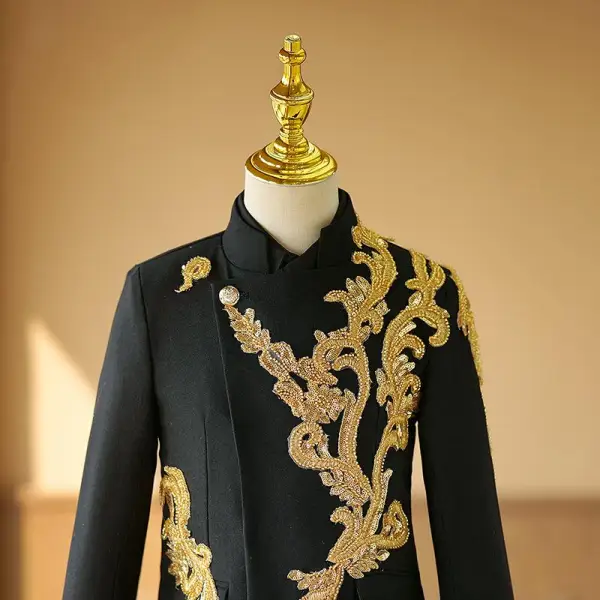 Chinese style Black Beading Lace Flower 2-piece Boys Wedding Suits 2024 Long Sleeve Coat Pants