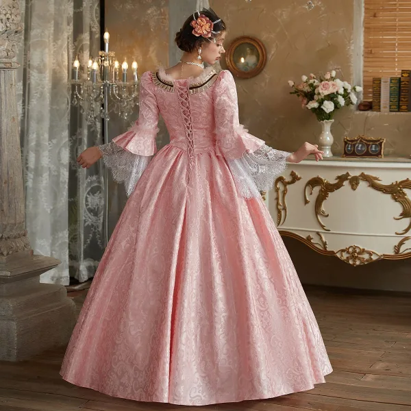 Medieval Vintage / Retro Candy Pink Rhinestone Lace Flower Prom Dresses 2024 Ball Gown Square Neckline Bell sleeves Floor-Length / Long Prom Formal Dresses