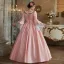 Medieval Vintage / Retro Candy Pink Rhinestone Lace Flower Prom Dresses 2024 Ball Gown Square Neckline Bell sleeves Floor-Length / Long Prom Formal Dresses