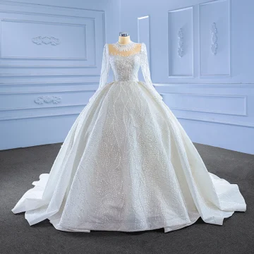 Luxury Gorgeous White Handmade Beading Sequins Wedding Dresses 2023 Ball Gown High Neck Long Sleeve Court Train Wedding