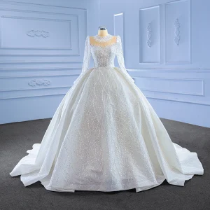 Luxus Herrlich Weiß Handgefertigt Perlenstickerei Pailletten Brautkleider Hochzeitskleider 2023 Ballkleid Stehkragen Lange Ärmel Hof Schleppe Hochzeit